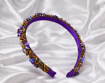 Handmade Embellished Headband | Purple Beaded Hairband with Crystals | Statement Headband | Elegant Hair Accessory | Gift for Her