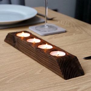 Charred Wood Tea light Holder Burnt Wood Candle Holder Yakisugi Rectangle Tealight 4 Candles (33.5cm)