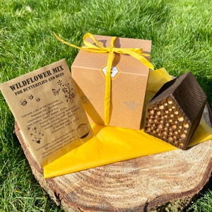 Bee Hotel Gift Set | Mini Bee House with Seeds Gift Box | Garden Bee Gift Package | Garden Ornament