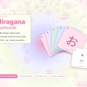 May include: A set of Hiragana flashcards featuring 46 double-sided cards in four pastel colors. The front shows the Japanese character 'o' and the back displays the letter 'a', the word 'ame', and the English translation 'rain'.