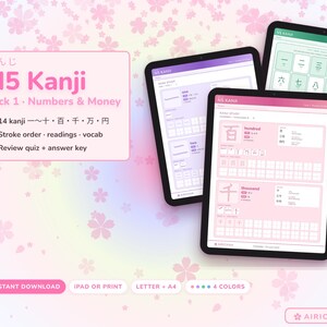 May include: Three tablets display N5 Kanji study materials for numbers and money. The text reads N5 Kanji Pack 1 Numbers & Money, 14 kanji, stroke order, readings, vocab, review quiz, answer key, instant download, iPad or print, letter + A4.