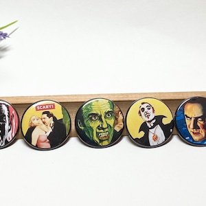 Vintage Horror Buttons, Set of 13 Vintage Horror Pinback Buttons, Dracula Buttons, Frankenstein Pinback Buttons, Vintage Movie Monsters Pins