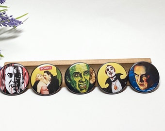 Vintage Horror Buttons, Set of 13 Vintage Horror Pinback Buttons, Dracula Buttons, Frankenstein Pinback Buttons, Vintage Movie Monsters Pins