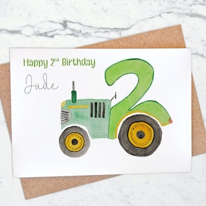 Carte personnalisée 2e anniversaire de tracteur, tracteur de ferme vert de 2 ans
