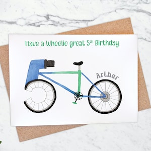 Carte d'anniversaire personnalisée de vélo de montagne de 5 ans, vélo de route, carte de vélo de 5e anniversaire, illustration d'aquarelle