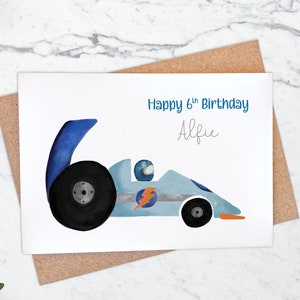 Carte personnalisée 6e anniversaire F1 voiture de course bleue, voiture de sport 6 ans