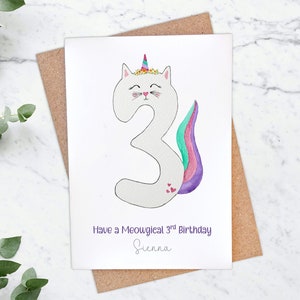 Carte personnalisée 3e anniversaire Caticor, carte aquarelle Unicat 3 ans