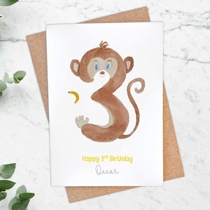 Carte personnalisée pour le 3e anniversaire du petit singe, 3 ans, aquarelle singe coquin pour fille, fils, neveu, petit-fils, thème de la jungle