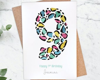 Personalised Age 9 Birthday Rainbow Leopard Print Card, Girls 9th Birthday, Card for Granddaughter, Goddaughter, Card for Daughter