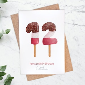 12e carte d'anniversaire Fab Lolly, carte aquarelle personnalisée de sucette glacée jeu de mots, pour fille, fils, nièce, neveu, petite-fille ou petit-fils