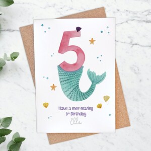 Carte personnalisée de sirène rose pour 5e anniversaire, 5 ans, carte aquarelle, carte pour petite-fille, filleule, carte pour fille