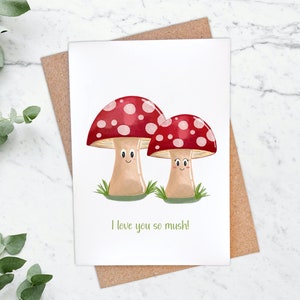 Jolie carte de voeux aquarelle champignon champignon « je t'aime tellement », carte de jeu de mots drôle