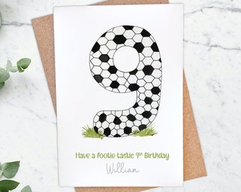 Carte A6 personnalisée de football 9e anniversaire, anniversaire de fils, carte de football fille, petit-fils, neveu