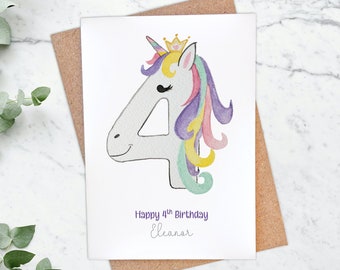 Personalised 4th Birthday Unicorn Rainbow Card, Unicorn birthday card, Age 4 Card, Girls 4th birthday card