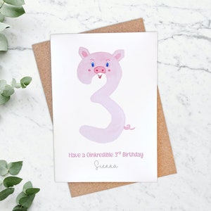 Carte d'anniversaire personnalisée de 3 ans cochon rose, 3e anniversaire illustration d'animal de basse-cour