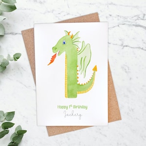 Carte personnalisée 1er anniversaire de dragon, illustration de dragon vert à l'âge de 1 ans
