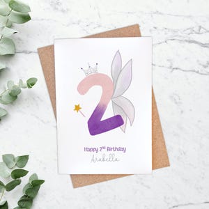 Carte de fée pour 2e anniversaire, carte aquarelle personnalisée sur le thème des fées pour fille, nièce, petite-fille, soeur ou amie