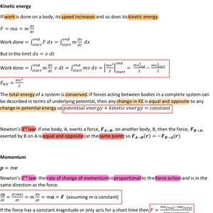 May include: A physics lesson on kinetic energy, work, and momentum is shown in a black and white image. Equations and formulas are written on the page, with key terms highlighted in yellow, pink, and red. The text explains Newton's laws.
