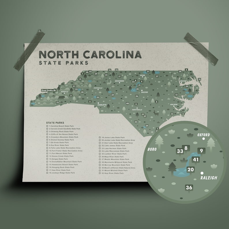 North Carolina State Park Map Checklist Etsy