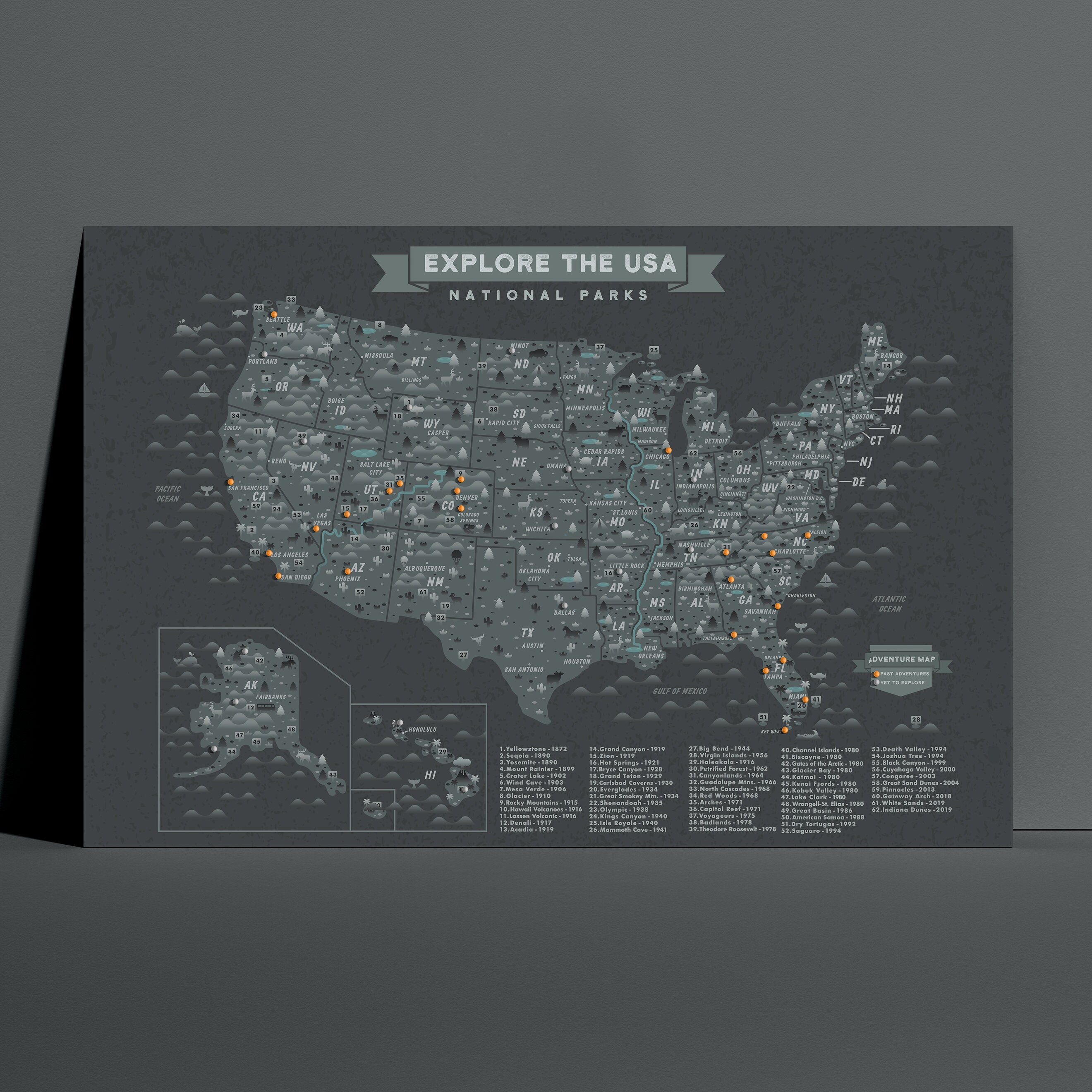 Usa National Parks Map For Push Pins Map With List Of Park Poster Vrogue
