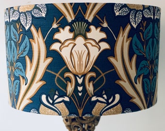 Art Deco lampshade. Floral lampshade. William Morris style lampshade. Patterned lampshade. Botanical lampshade. Navy and gold lampshade