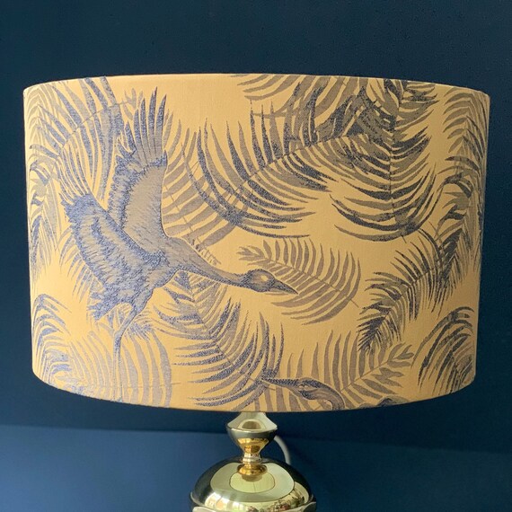 Oriental Bird Lampshade, Gold & Charcoal Patterned Shade