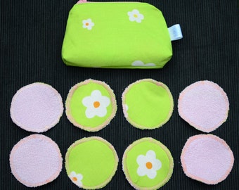 Cotton toiletry bag with reusable washable sustainable cotton pads, face cleaning pads, cotton rounds, face wipes, made from reused fabric.