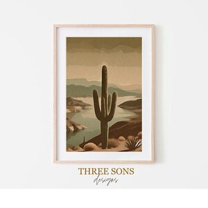 DRUCKBARE KUNST | Wüstenlandschaft Digital Art Print | Southwestern Cactus and River Wandkunst | Von der Natur inspiriertes Wohndekor | Neutrale Töne