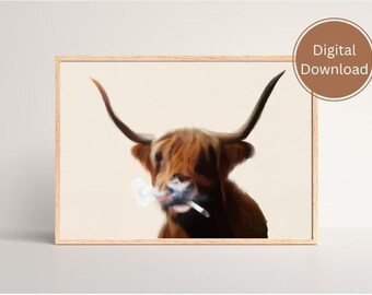 Funny Highland Cow Print - Smokin' Cow Minimalist Art (Digital Download)