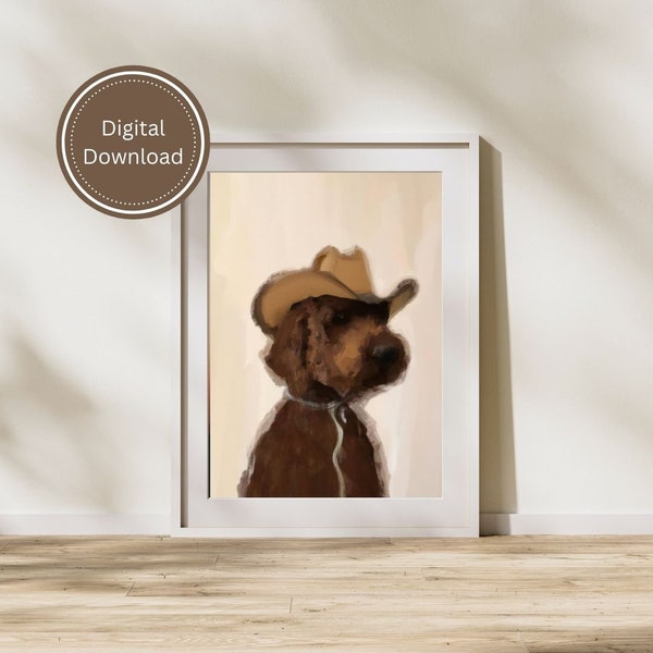 Cowboy Labradoodle - Digital Wall Art Painting - Minimalist Dog in Cowboy Hat - Quirky Home Decor - Instant Download Print
