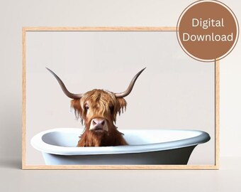 Highland Cow Bath Print: Minimalist Bathroom Wall Art (Digital Download)