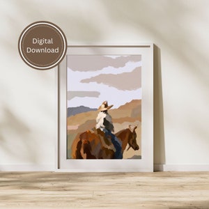 Rustic Home Decor - Downloadable Wall Art - Western Sunset Ride - Digital Painting of Cowboy on Horse in Mountain Landscape