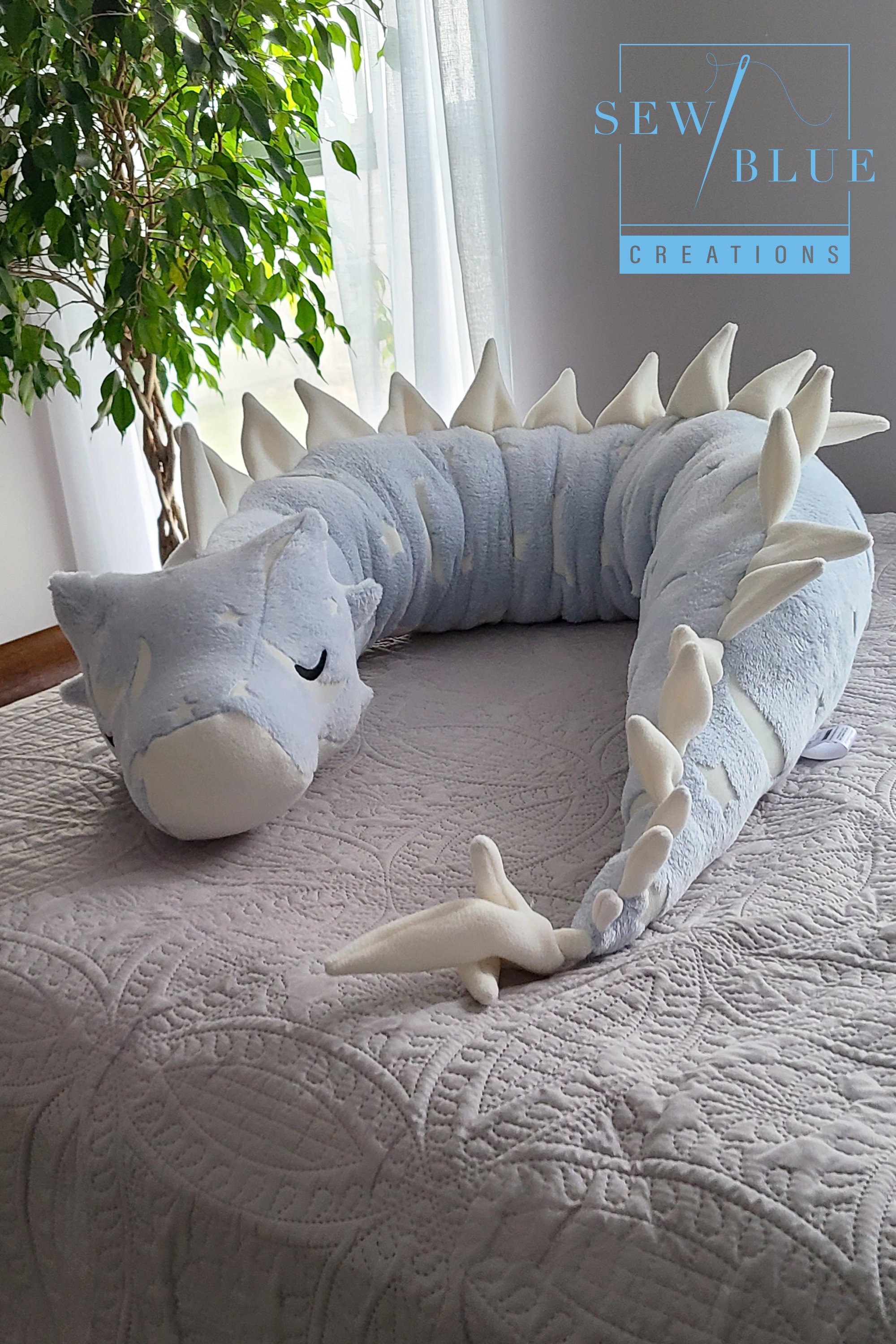 Glow-in-the-dark blue moon & star, Moon and Star Dragon, Soft dragon, fluffy dragon, Sleepy dragon, Body pillow, Fluffy, Tummy time pillow