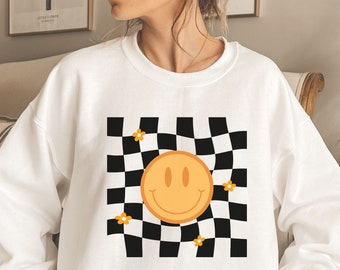 RETRO Smiley Face Sweatshirt,Unisex Heavy Blend™ Crewneck Sweatshirt,Groovy Vintage Smiley Face Sweatshirt, Good vibes, Checkered Happy Face
