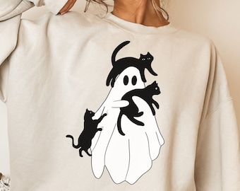 CATS & GHOST Unisex Heavy Blend™ Crewneck Sweatshirt, Graphic Sweatshirt, Halloween Crewneck, Fall Sweatshirts, Women's Oversized Sweatshirt