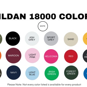 以下が含まれることがあります： ギルダン 18000 色: ギルダン製品で使用可能なさまざまな色を示すチャート。色は、白、ミリタリーグリーン、黒、アッシュグレー、スポーツグレー、サンド、ゴールド、オレンジ、マルーン、ライトピンク、ヘリコニア、レッド、ダークヘザー、ダークチョコレート、ネイビー、ライトブルー、アイリッシュグリーン、フォレストグリーン、ロイヤルなどがあります。