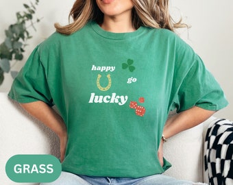 HAPPY GO LUCKY Unisex Garment-Dyed T-shirt, Comfort Colors Vintage Wash Tee, St Patricks Day Fit, St Patty's day, Luck of the Irish, Green