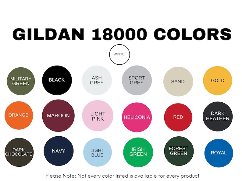 Op de afbeelding: Gildan 18000 Kleuren: Een kaart met een verscheidenheid aan kleuren die beschikbaar zijn voor Gildan-producten. De kleuren omvatten wit, militaire groen, zwart, asgrijs, sportgrijs, zand, goud, oranje, donkerrood, lichtroze, heliconia, rood, donkergrijs, donkerbruin, marineblauw, lichtblauw, Iers groen, bosgroen en koninklijkblauw.