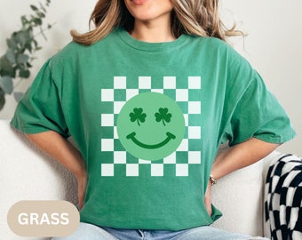 SHAMROCK SMILEY St Patricks Day Unisex Garment-Dyed T-shirt, Vintage Style Tees, St Patty's Day Shirts, Green Smiley, Checkered Smiley Shirt