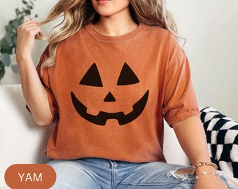 PUMPKIN FACE Uniseks kledingstukgeverfd T-shirt, Jack-O-Lantern-shirt, Halloween-shirts, T-shirts comfortabele kleuren, pompoenseizoen, herfstshirts