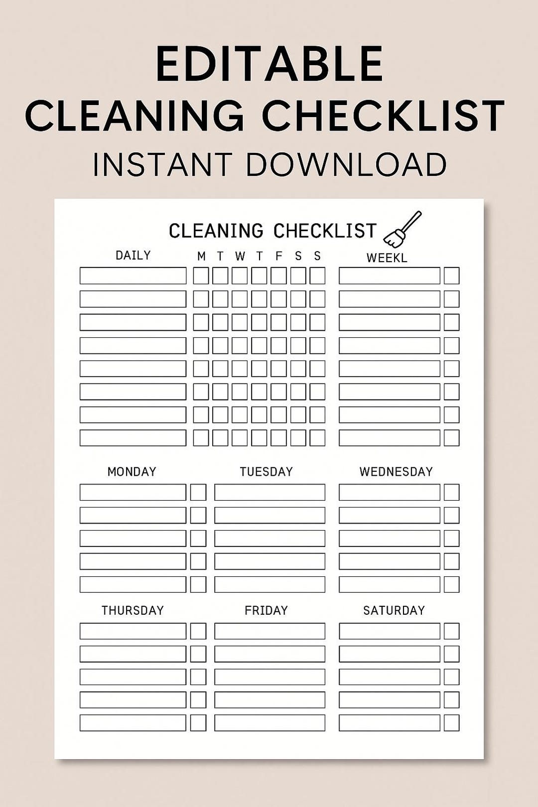 Editable Daily & Weekly Cleaning Checklist - Etsy