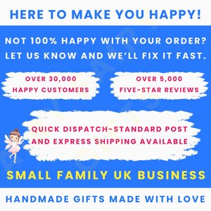 May include: A blue graphic with white text that reads "HERE TO MAKE YOU HAPPY!" and "NOT 100% HAPPY WITH YOUR ORDER? LET US KNOW AND WE'LL FIX IT FAST." It also states "OVER 30,000 HAPPY CUSTOMERS" and "OVER 5,000 FIVE-STAR REVIEWS."