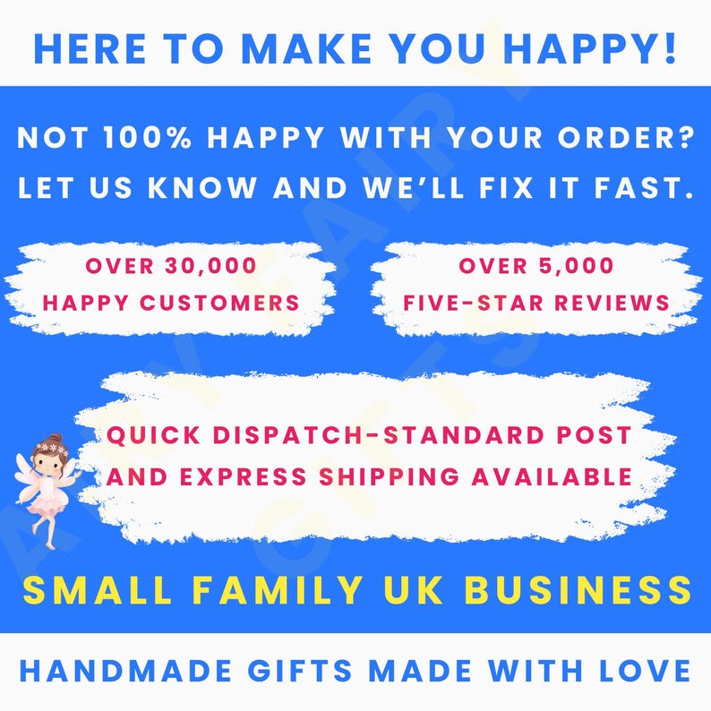 May include: A blue graphic with white text that reads "HERE TO MAKE YOU HAPPY!" and "NOT 100% HAPPY WITH YOUR ORDER? LET US KNOW AND WE'LL FIX IT FAST." It also states "OVER 30,000 HAPPY CUSTOMERS" and "OVER 5,000 FIVE-STAR REVIEWS."