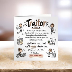Personalised Leaving Card – Traitor Noun With Office Doodles, We'll Miss You But We'll Never Forgive You – Funny Colleague Card