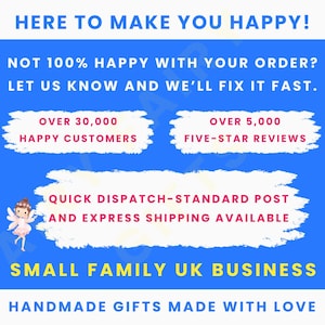 May include: A blue graphic with white text that reads "HERE TO MAKE YOU HAPPY!" and "NOT 100% HAPPY WITH YOUR ORDER? LET US KNOW AND WE'LL FIX IT FAST." It also states "OVER 30,000 HAPPY CUSTOMERS" and "OVER 5,000 FIVE-STAR REVIEWS."