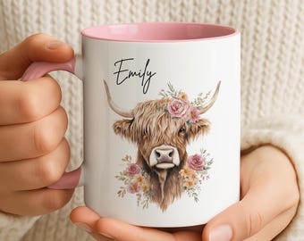 Personlig mugg – Anpassad mugg, söt ko-mugg, presenter till höglandsboskap, kaffemuggar med ko, gårdsko-mugg, personlig present till henne, höglandsboskap