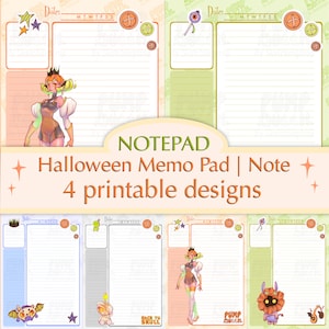 Puede incluir: Un conjunto de blocs de notas imprimibles de Halloween con cuatro diseños distintos que incluyen áreas de escritura rayadas, campos de fecha e ilustraciones de personajes, estrellas y botones. El texto dice NOTEPAD Halloween Memo Pad | Note 4 printable designs.