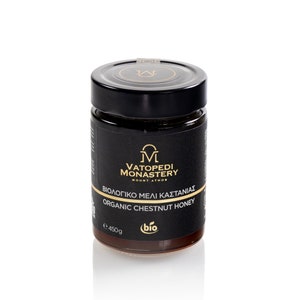 Organic Monastic Chestnut Honey from Mount Athos, 450g Intense Flavor & Deep Red Nectar with Subtle Bitterness, Full-Bodied Aroma image 1