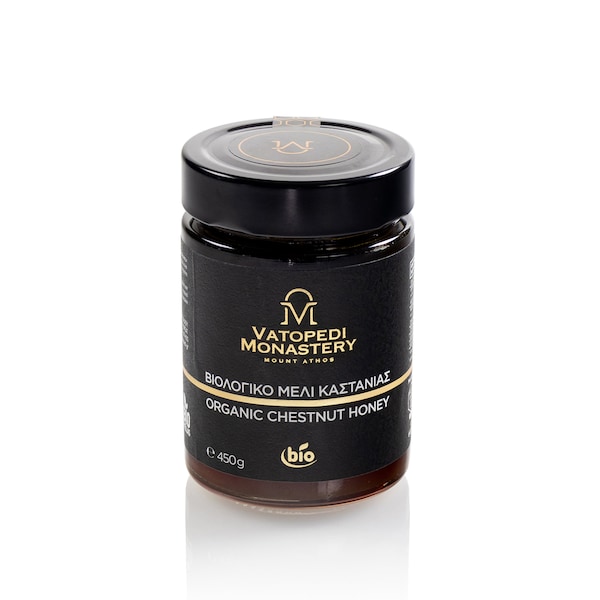 Organic Monastic Chestnut Honey from Mount Athos, 450g - Intense Flavor & Deep Red Nectar with Subtle Bitterness, Full-Bodied Aroma