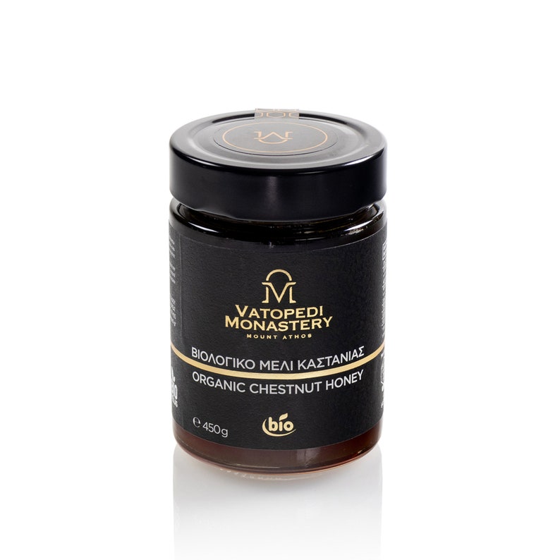 Organic Monastic Chestnut Honey from Mount Athos, 450g Intense Flavor & Deep Red Nectar with Subtle Bitterness, Full-Bodied Aroma zdjęcie 1